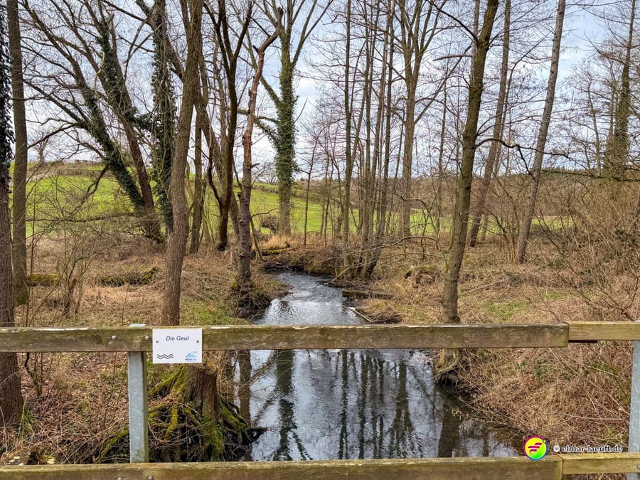 Kleiner Bach mit Holzgeländer und Informationsschild an einem Wanderweg. Das Naturschutzgebiet 'Die Dord' ist durch ein Wegweiserschild gekennzeichnet.