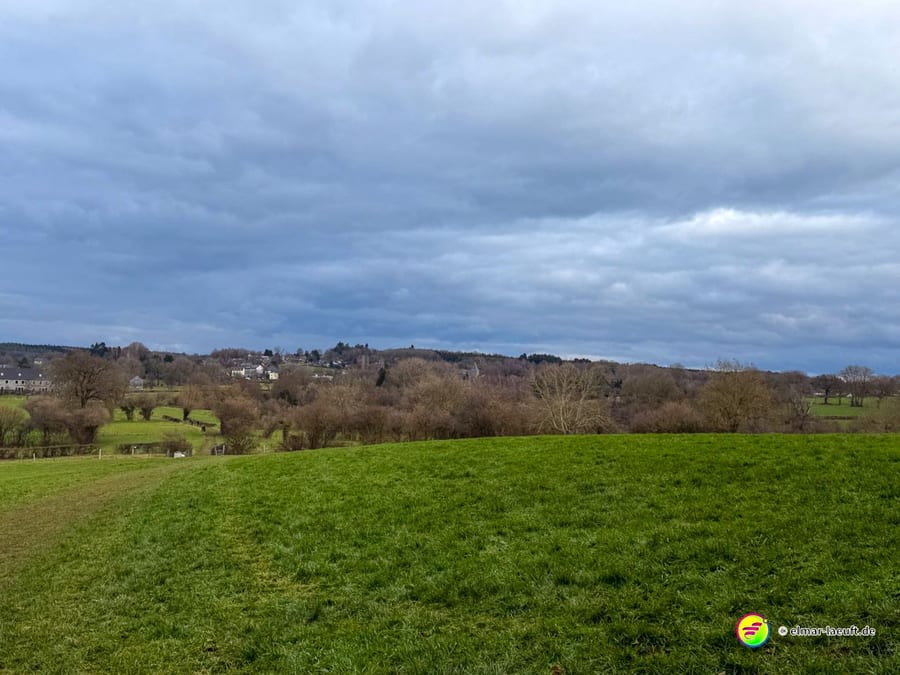 Saftig grüne Wiese im Frühling mit bewaldeten Hügeln und Ortschaft im Hintergrund. Die sanfte Hügellandschaft zeigt die typische ostbelgische Kulturlandschaft mit Grünland und Wäldern.