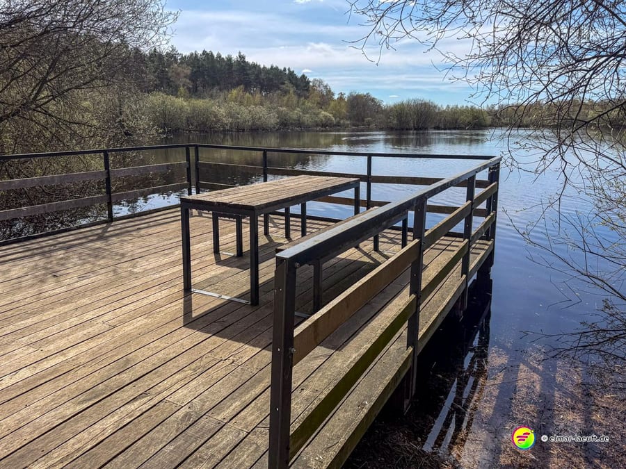 Laufen am ruhigen Seeufer in Oplagbeek mit Blick von einem hölzernen Steg auf das Wasser und die umgebenden Bäume.